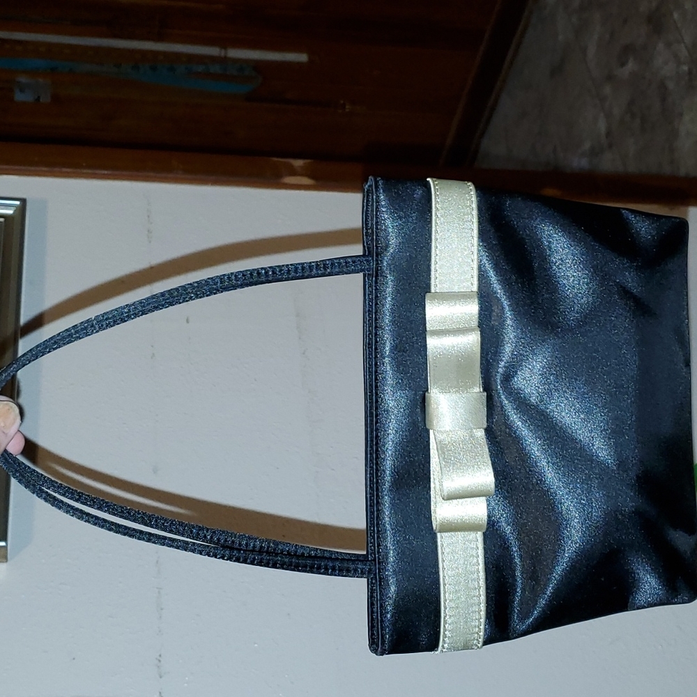 LITTLE BLACK BAG Satin w/Gold Ribbon Bow-Inside Zipper Pocket-Kiss Lock